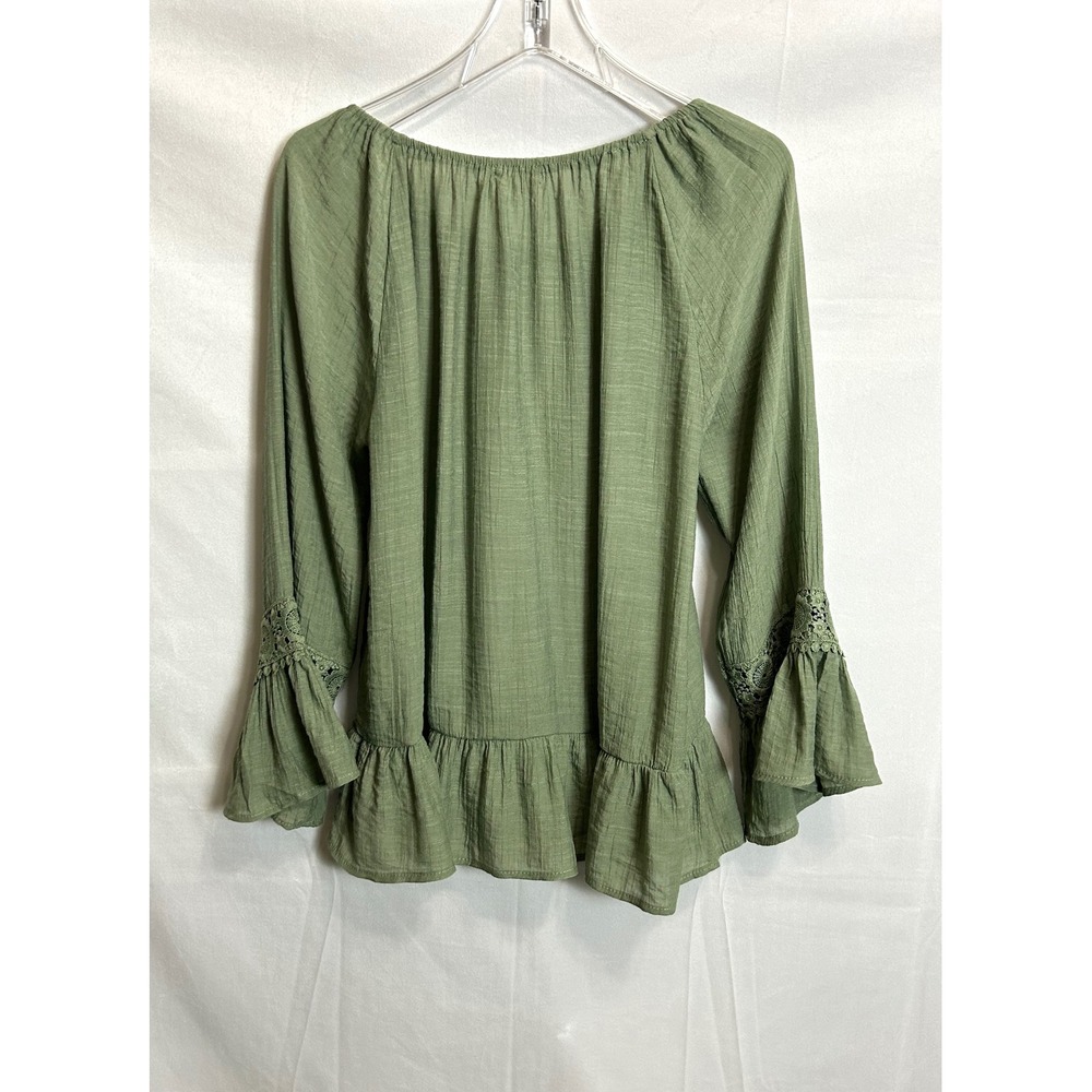 Retrology Sage Green Crochet Lace Peasant Blouse Ruffle Bell Sleeve Boho Top - Picture 7 of 9